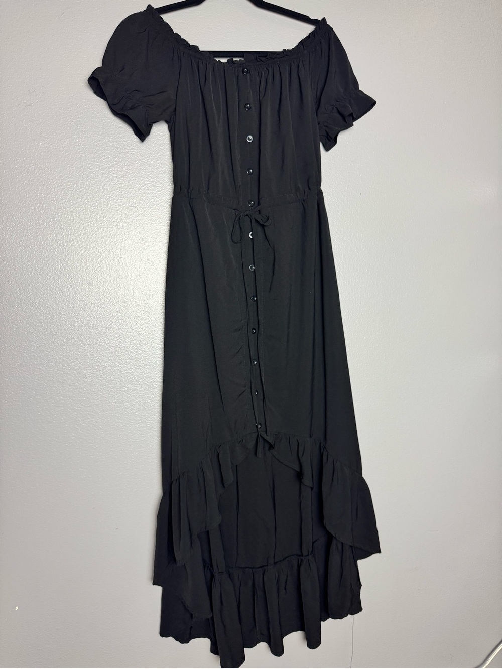 Black Off-Shoulder High-Low Button-Front Maxi Dress